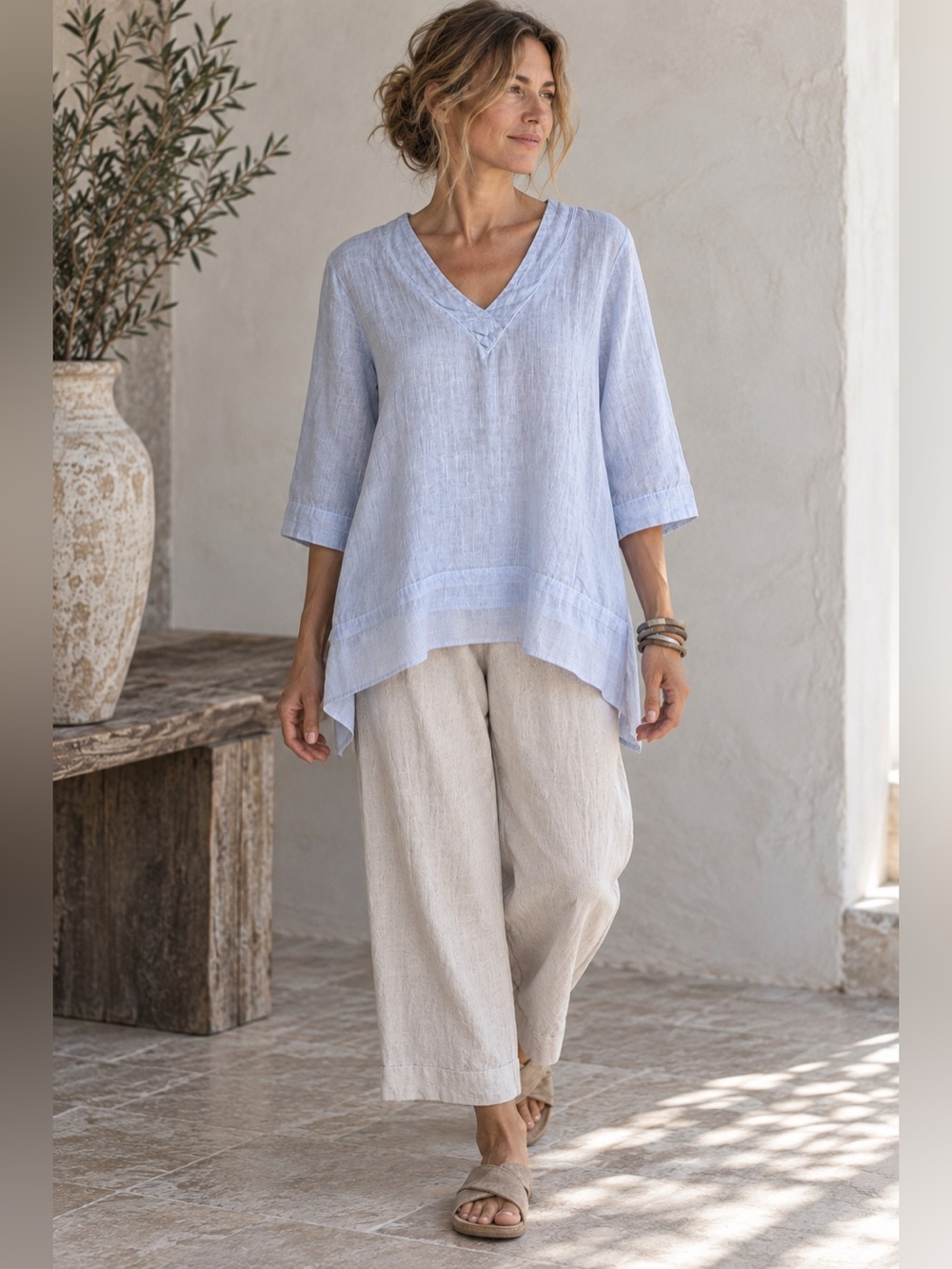 Elemente Clemente Womens Linen Tunic Top Sz 0 XS Pale Blue Coastal Lagenlook